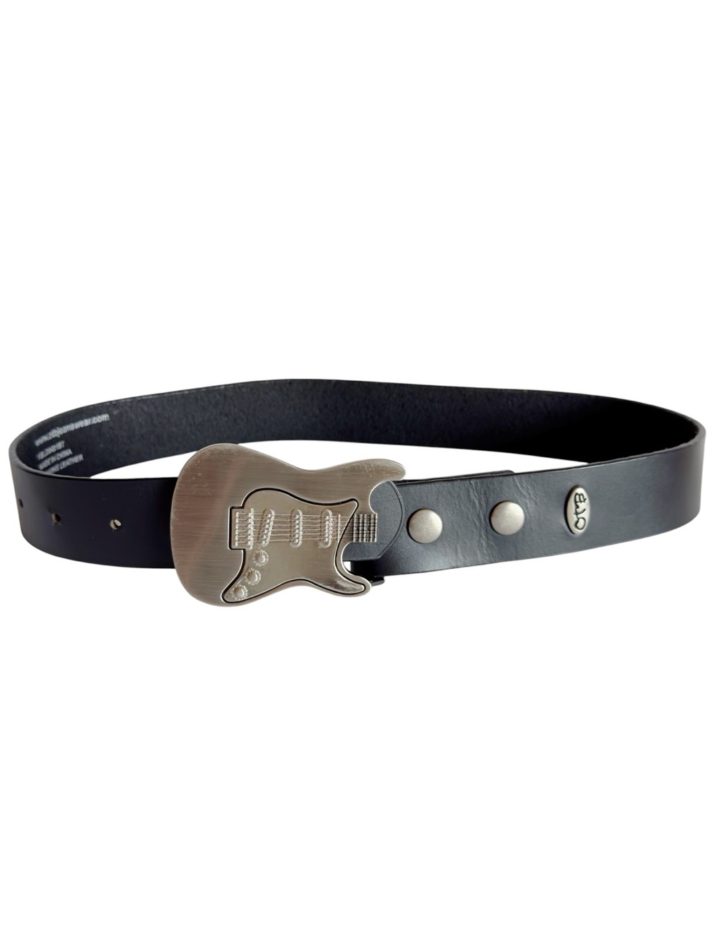 Vintage OTB Black Leather Kids Belt Silver Electric Guitar Buckle Small Y2K